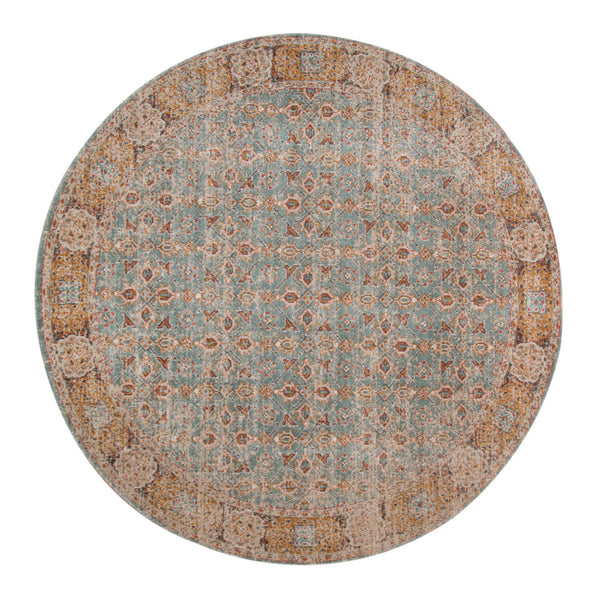 Homeroots 6' Teal Red And Orange Oriental Power Loom Worn Faded Round Rug  Polypropylene 532115