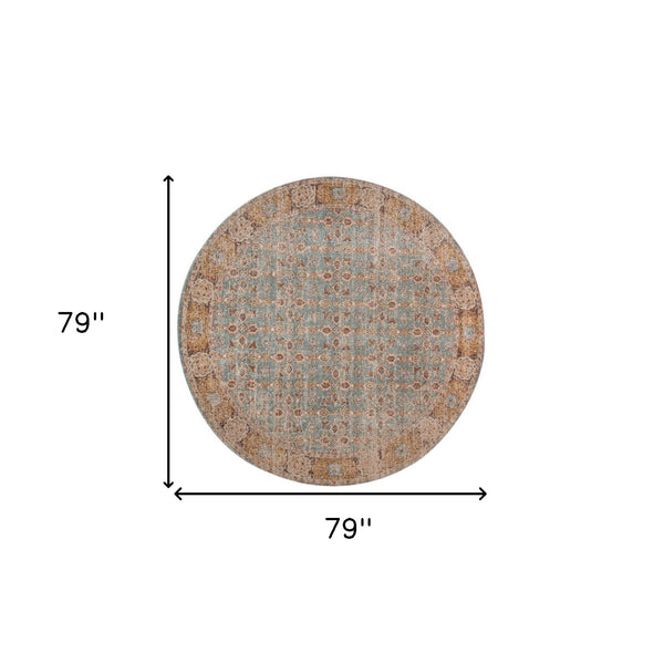 Homeroots 6' Teal Red And Orange Oriental Power Loom Worn Faded Round Rug  Polypropylene 532115