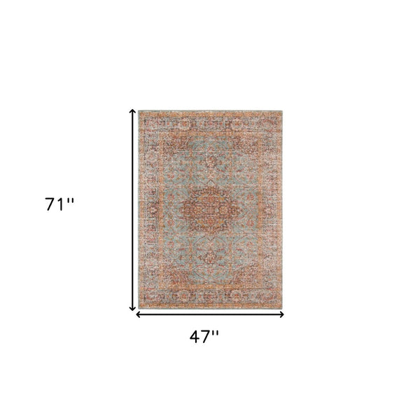 HomeRoots 4' Medallion Area Rug in Teal, Red, and Orange - Durable, Stain-Resistant, Stylish for High Traffic Areas 4' X 6' 532129