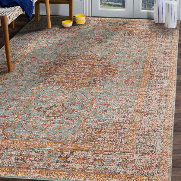 HomeRoots 4' Medallion Area Rug in Teal, Red, and Orange - Durable, Stain-Resistant, Stylish for High Traffic Areas 6' X 8' 532130