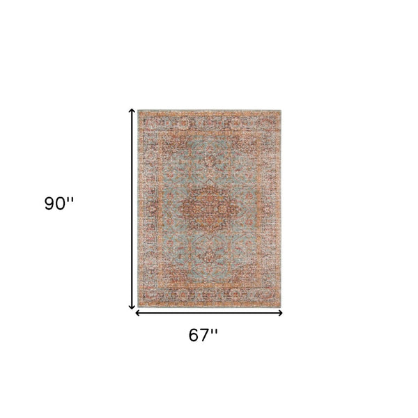 HomeRoots 4' Medallion Area Rug in Teal, Red, and Orange - Durable, Stain-Resistant, Stylish for High Traffic Areas 6' X 8' 532130
