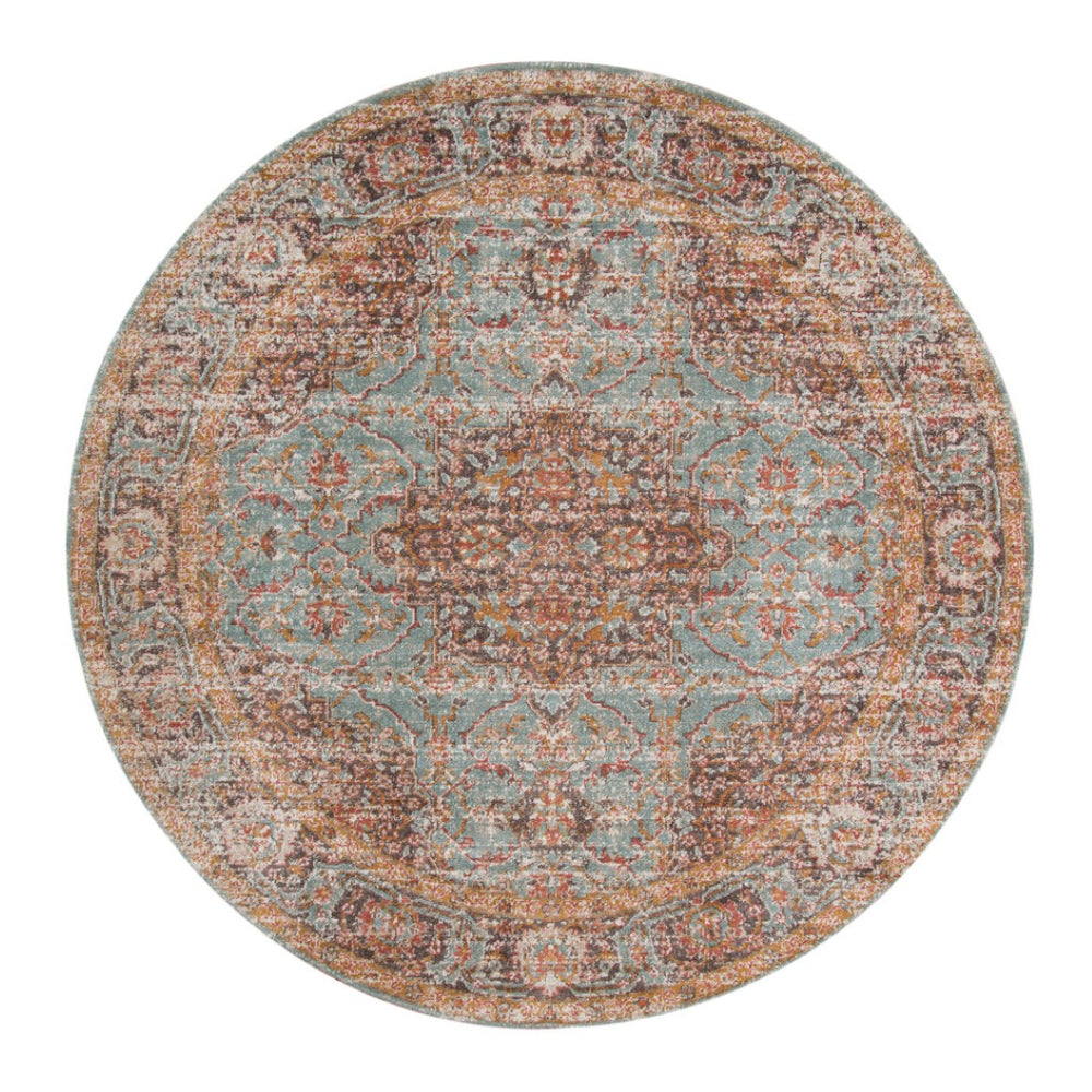 HomeRoots 4' Medallion Area Rug in Teal, Red, and Orange - Durable, Stain-Resistant, Stylish for High Traffic Areas 6' Round 532131
