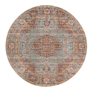 HomeRoots 4' Medallion Area Rug in Teal, Red, and Orange - Durable, Stain-Resistant, Stylish for High Traffic Areas 6' Round 532131