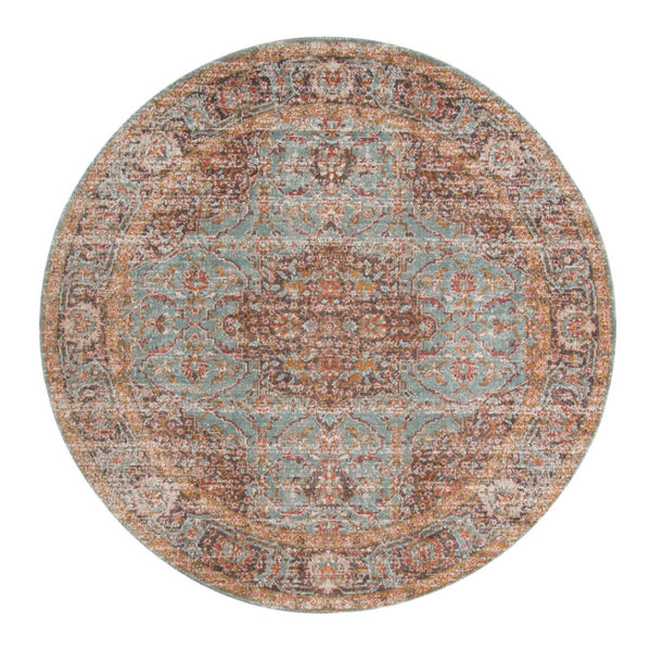 HomeRoots 4' Medallion Area Rug in Teal, Red, and Orange - Durable, Stain-Resistant, Stylish for High Traffic Areas 6' Round 532131