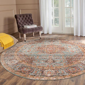 HomeRoots 4' Medallion Area Rug in Teal, Red, and Orange - Durable, Stain-Resistant, Stylish for High Traffic Areas 6' Round 532131