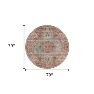 HomeRoots 4' Medallion Area Rug in Teal, Red, and Orange - Durable, Stain-Resistant, Stylish for High Traffic Areas 6' Round 532131
