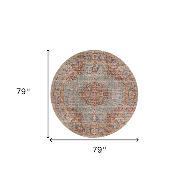 HomeRoots 4' Medallion Area Rug in Teal, Red, and Orange - Durable, Stain-Resistant, Stylish for High Traffic Areas 6' Round 532131