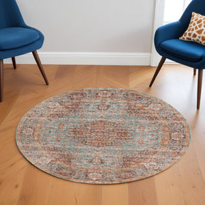 HomeRoots 4' Medallion Area Rug in Teal, Red, and Orange - Durable, Stain-Resistant, Stylish for High Traffic Areas 6' Round 532131