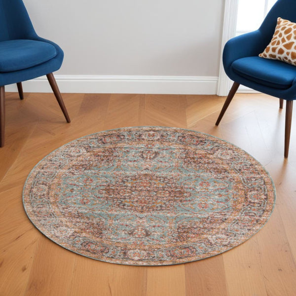 HomeRoots 4' Medallion Area Rug in Teal, Red, and Orange - Durable, Stain-Resistant, Stylish for High Traffic Areas 6' Round 532131