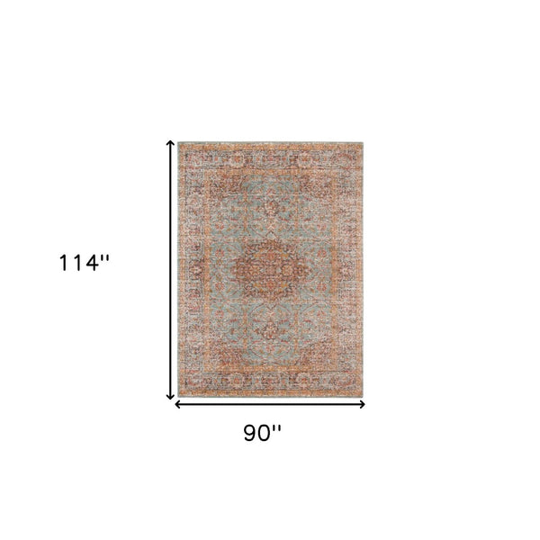 HomeRoots 4' Medallion Area Rug in Teal, Red, and Orange - Durable, Stain-Resistant, Stylish for High Traffic Areas 7' X 9' 532132