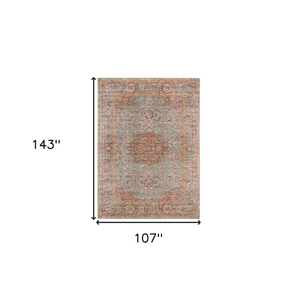 HomeRoots 4' Medallion Area Rug in Teal, Red, and Orange - Durable, Stain-Resistant, Stylish for High Traffic Areas 9' X 12' 532133