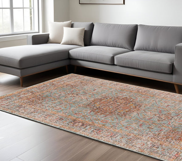 HomeRoots 4' Medallion Area Rug in Teal, Red, and Orange - Durable, Stain-Resistant, Stylish for High Traffic Areas 9' X 12' 532133