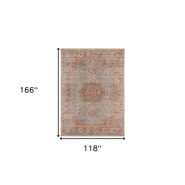 HomeRoots 4' Medallion Area Rug in Teal, Red, and Orange - Durable, Stain-Resistant, Stylish for High Traffic Areas 10' X 14' 532134