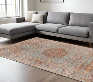 HomeRoots 4' Medallion Area Rug in Teal, Red, and Orange - Durable, Stain-Resistant, Stylish for High Traffic Areas 10' X 14' 532134