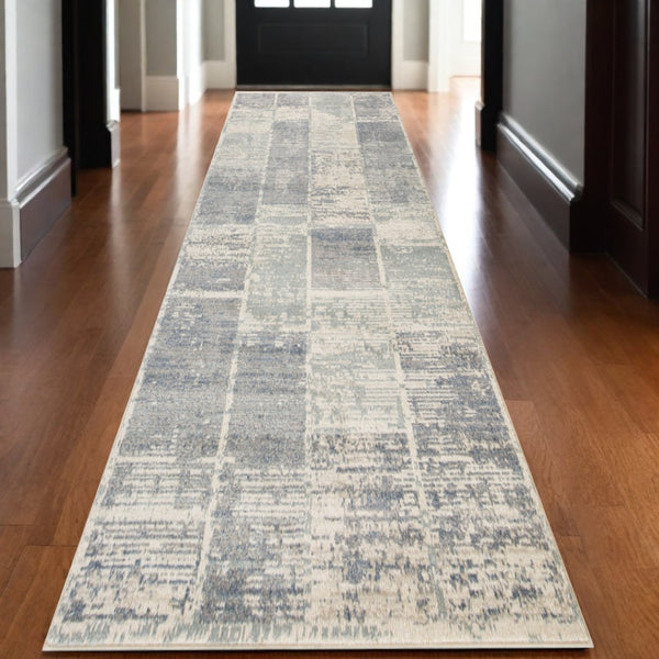 HomeRoots 10' Geometric Runner Rug in Gray, Light Blue & Ivory – Stylish, Durable & Easy-Care for High-Traffic Areas 10' Runner 532136