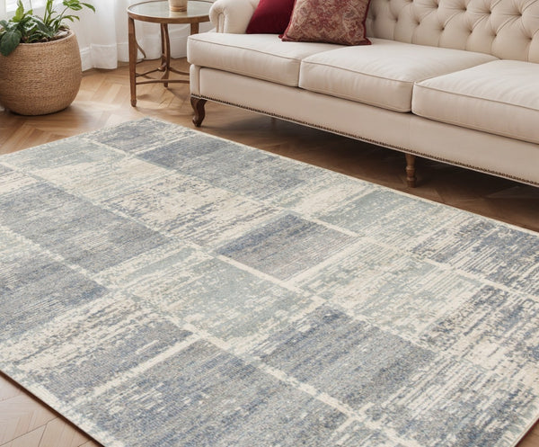 HomeRoots 10' Geometric Runner Rug in Gray, Light Blue & Ivory – Stylish, Durable & Easy-Care for High-Traffic Areas 5' X 8' 532137