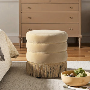 English Elm Jennifer Taylor Home - Edward 17.5" Round Upholstered Ottoman with Bullion Fringe — Vintage Luxe Seat, Footrest & Accent Piece Brown B2719P320843