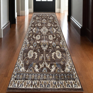 Homeroots 10' Ivory Blue And Brown Floral Power Loom Runner Rug  Polypropylene 532148