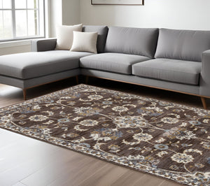 HomeRoots 10' Elegant Floral Runner Rug in Ivory, Blue, and Brown – Durable, Stain-Resistant Design for Hallways 9' X 12' 532152