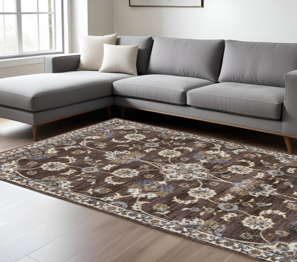 HomeRoots 10' Elegant Floral Runner Rug in Ivory, Blue, and Brown – Durable, Stain-Resistant Design for Hallways 9' X 12' 532152