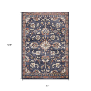 Homeroots 10' Ivory Navy And Orange Floral Power Loom Runner Rug  Polypropylene 532154