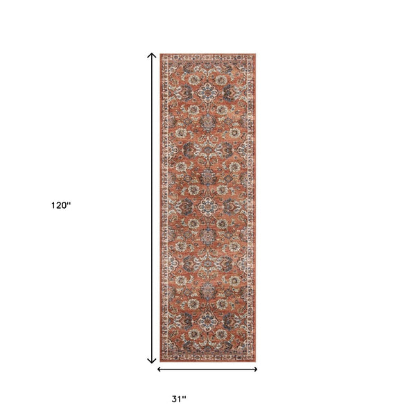 Homeroots 10' Ivory Blue And Orange Floral Power Loom Runner Rug  Polypropylene 532160