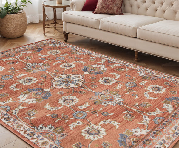 Homeroots 5' X 8' Ivory Blue And Orange Floral Power Loom Area Rug  Polypropylene 532161