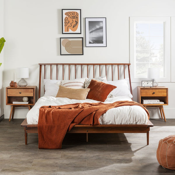English Elm Walker Edison - Mid-Century Solid Pine Queen Platform Bed with Spindle Headboard, Tapered Legs & No Box Spring Needed Walnut 94 L x 16 W x 6 H B185P169401