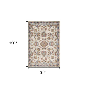 Homeroots 10' Ivory Navy And Orange Floral Power Loom Runner Rug  Polypropylene 532166
