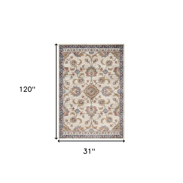 Homeroots 10' Ivory Navy And Orange Floral Power Loom Runner Rug  Polypropylene 532166