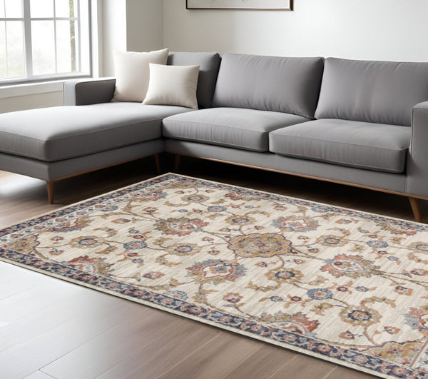 HomeRoots 10' Elegant Floral Runner Rug in Ivory, Blue, and Brown – Durable, Stain-Resistant Design for Hallways 8' X 10' 532169