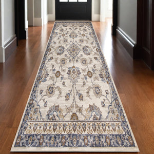 Homeroots 10' Ivory Charcoal And Navy Floral Power Loom Runner Rug  Polypropylene 532172
