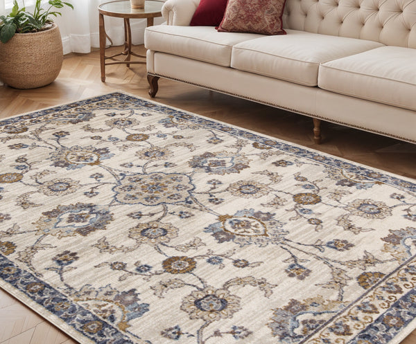 Homeroots 5' X 8' Ivory Charcoal And Navy Floral Power Loom Area Rug  Polypropylene 532173