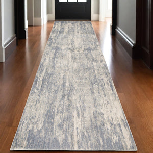 HomeRoots 10' Abstract Light Gray, Blue, and Ivory Runner Rug - Durable, Stain-Resistant Design for High-Traffic Areas 10' Runner 532178