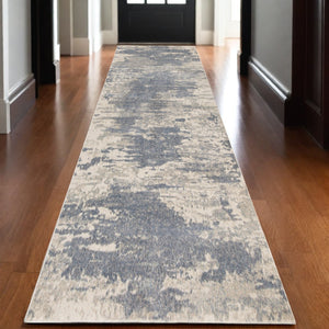 HomeRoots 10' Contemporary Ivory Blue and Gray Abstract Runner Rug for Stylish Hallways and Entryways 10' Runner 532190