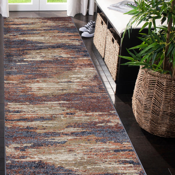 HomeRoots 10' Contemporary Ivory Blue and Gray Abstract Runner Rug for Stylish Hallways and Entryways 10' Runner 532196