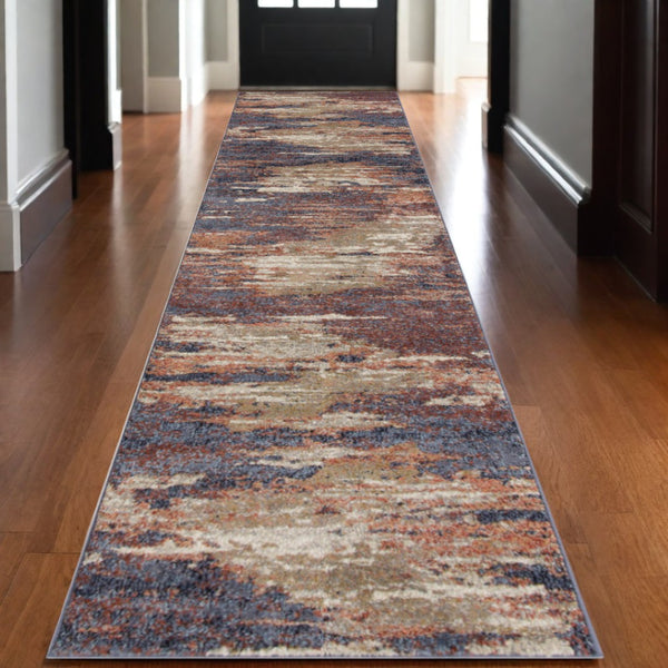 HomeRoots 10' Contemporary Ivory Blue and Gray Abstract Runner Rug for Stylish Hallways and Entryways 10' Runner 532196