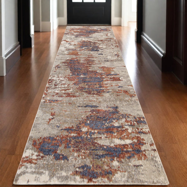 HomeRoots 10' Contemporary Ivory Blue and Gray Abstract Runner Rug for Stylish Hallways and Entryways 10' Runner 532202