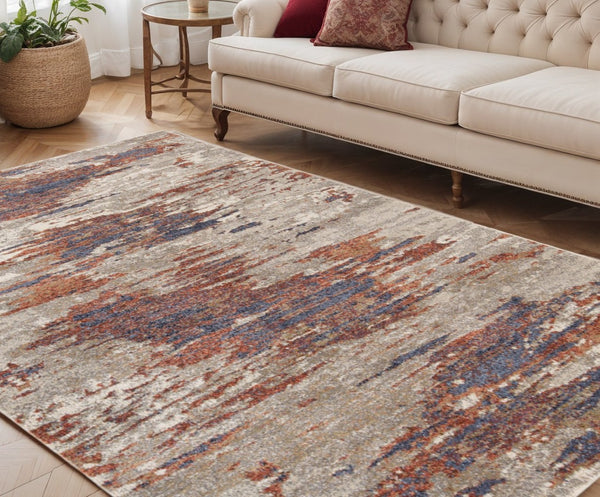 HomeRoots 10' Contemporary Ivory Blue and Gray Abstract Runner Rug for Stylish Hallways and Entryways 5' X 8' 532203