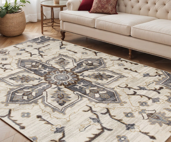 HomeRoots 10' Elegant Floral Medallion Runner Rug - Durable, Stain-Resistant Design for Timeless Charm 5' X 8' 532209