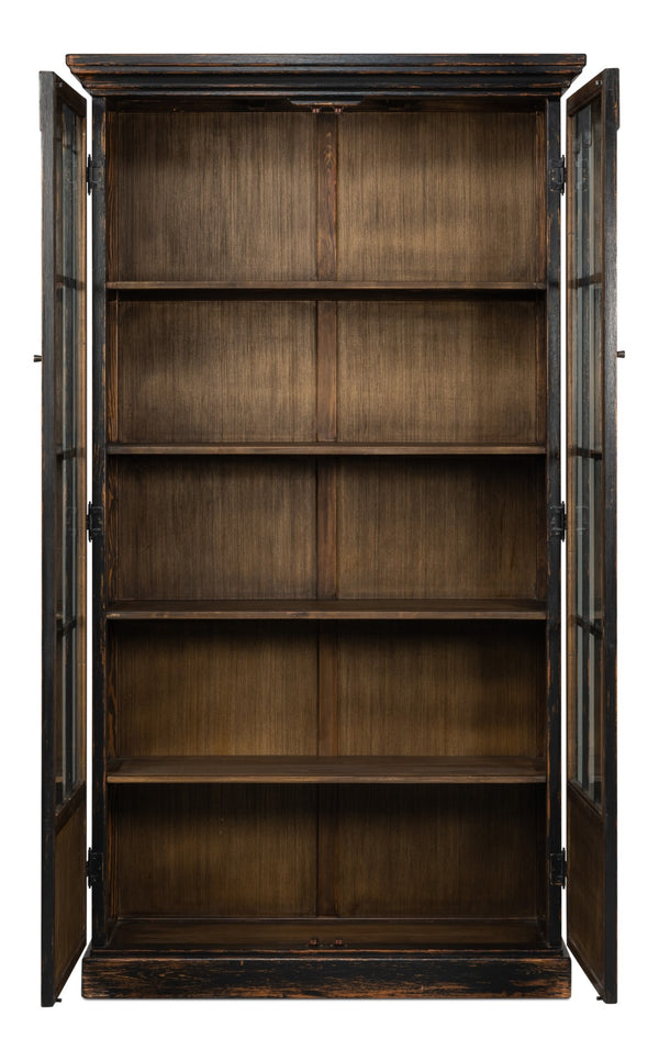 Sarreid Edgar Allan Glass Bookcase - Antique Black Finish With Reclaimed Pine For Timeless Elegance Black  53227-5