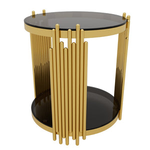 English Elm Modern Round Mirrored Glass End Table with Gold Metal Frame and Lower Display Shelf Black N735P380092B