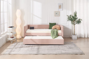 English Elm Twin Velvet Upholstered Daybed with Trundle, V-Pattern Backrest, USB Port, Side Pockets, Sturdy Design Pink W1361S00042