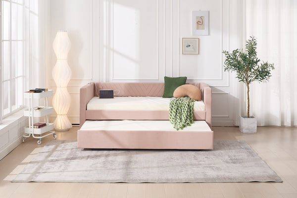 English Elm Twin Velvet Upholstered Daybed with Trundle, V-Pattern Backrest, USB Port, Side Pockets, Sturdy Design Pink W1361S00042
