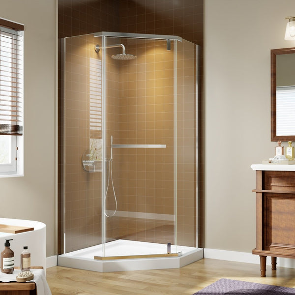 English Elm Corner Frameless Neo-angle Pivot Shower Enclosure with Tempered Glass and Sleek Hardware Chrome W637P348803