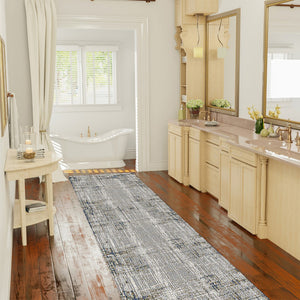 Homeroots 10' Abstract Ivory Blue And Gray Runner Rug - Durable, Stylish, And Perfect For Any Space Decor Gold Polypropylene,Polyester 532302