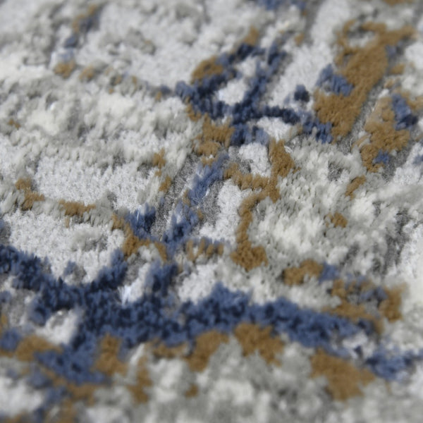 Homeroots 10' Abstract Ivory Blue And Gray Runner Rug - Durable, Stylish, And Perfect For Any Space Decor Gold Polypropylene,Polyester 532302