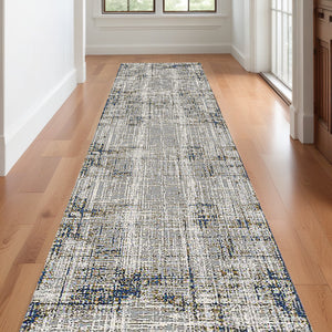 Homeroots 10' Abstract Ivory Blue And Gray Runner Rug - Durable, Stylish, And Perfect For Any Space Decor Gold Polypropylene,Polyester 532302