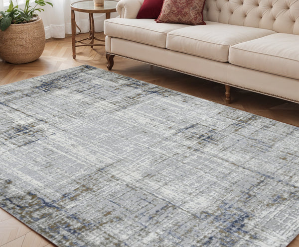 Homeroots 10' Abstract Ivory Blue And Gray Runner Rug - Durable, Stylish, And Perfect For Any Space Decor 5' X 8' Polypropylene,Polyester 532303