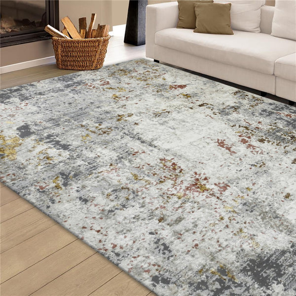 HomeRoots 5' Modern Abstract Ivory Gray and Gold Area Rug - Durable, Stain Resistant, Perfect for High Traffic Areas 5'3" x 7'9" 532315